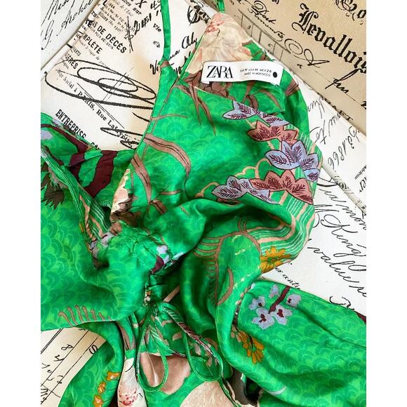 ZARA Green Floral Slip Mini Dress NWT – V-Neck Ruched Tie Spaghetti Strap, SZ M - Picture 16 of 16
